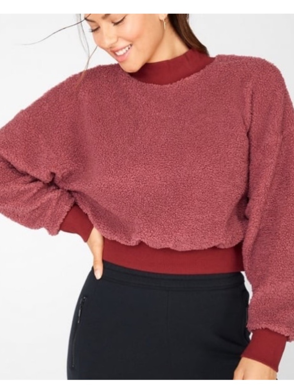 Fabletics Women's Malia Polar Fleece Pullover Sweatshirt Dark Rouge Size XS
